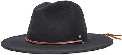 Brixton Men's Field Wide Brim Felt Fedora Hat in black with a leather strap and metal Brixton B shield.