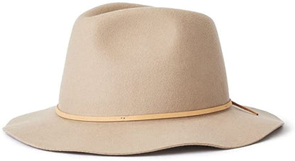 A beige Brixton Men's Wesley Medium Brim Felt Fedora Hat with a leather band.