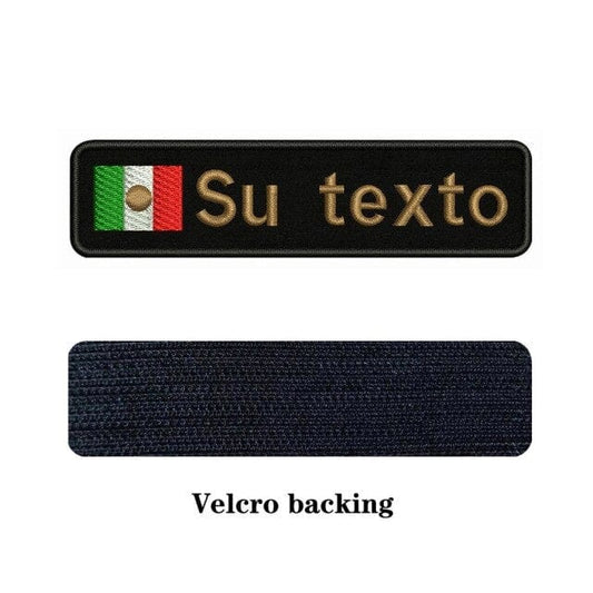 Mexico flag patch with tan custom text and dark blue Velcro backing, rectangular