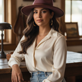 A woman wearing a wide-brimmed burgundy hat, a cream satin blouse, and light blue jeans sits in a warm, rustic room with wooden furniture and soft window light.