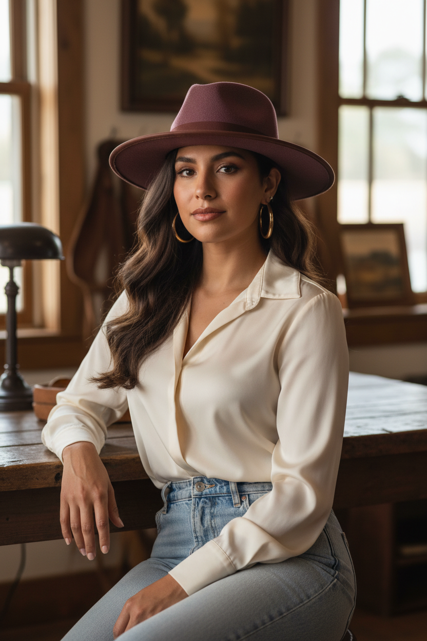 A woman wearing a wide-brimmed burgundy hat, a cream satin blouse, and light blue jeans sits in a warm, rustic room with wooden furniture and soft window light.