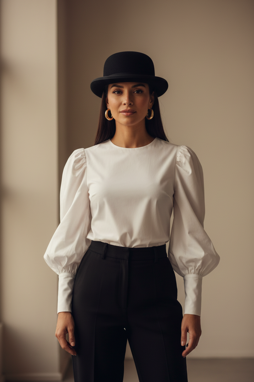 A woman wearing a white long-sleeve blouse with puffed balloon sleeves, black trousers, a black bowler hat, and gold hoop earrings, standing against a warm beige wall.