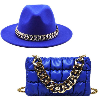 Stylish Fedora Hats with Matching Bags, Royal Blue, 55-58CM