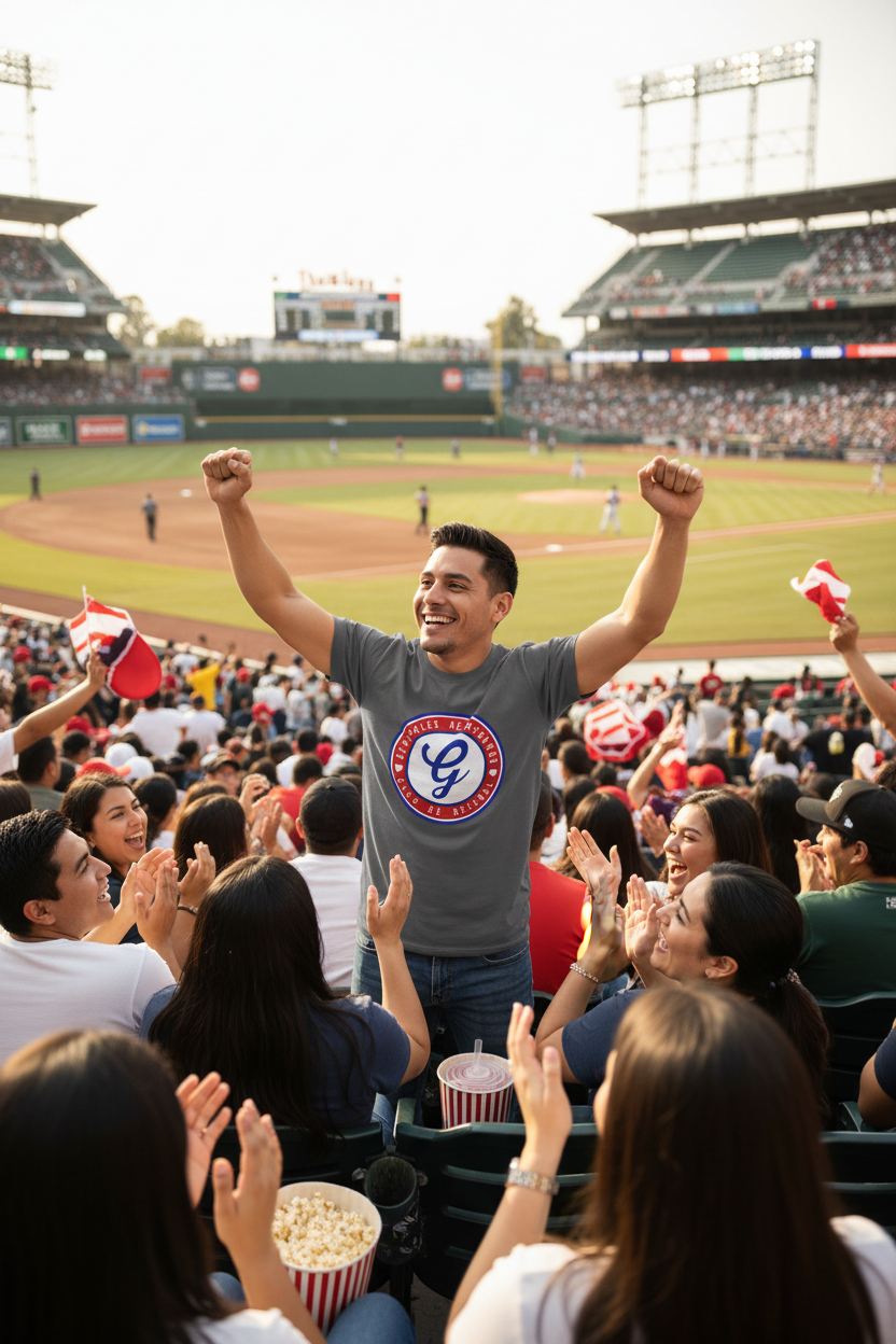 A man in a crowded baseball stadium stands with his arms raised, wearing a gray t-shirt with a red, white, and blue Generales de Durango logo. Fans and popcorn buckets are visible in the foreground, with the baseball field and stadium stands in the background.