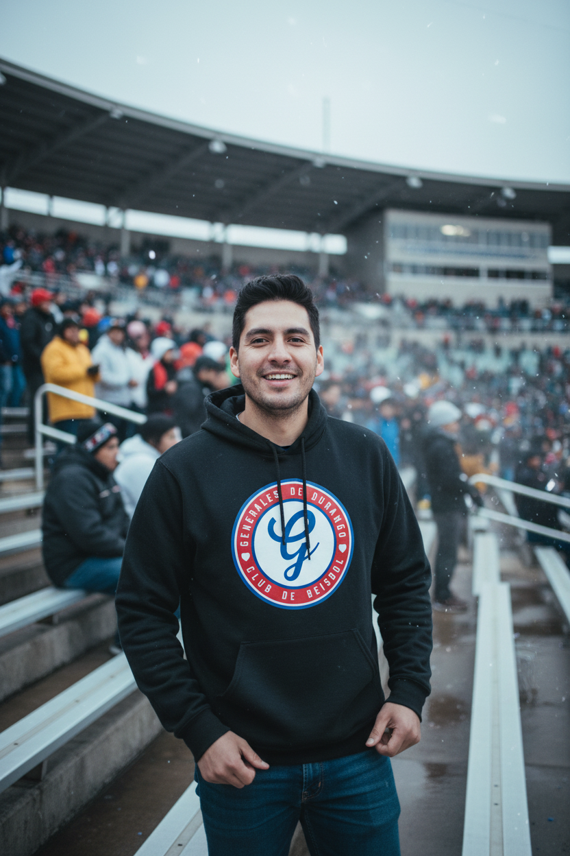 A man smiling in a crowded stadium wearing a black hoodie with a circular red, white, and blue Generales de Durango  logo on the chest, paired with blue jeans.