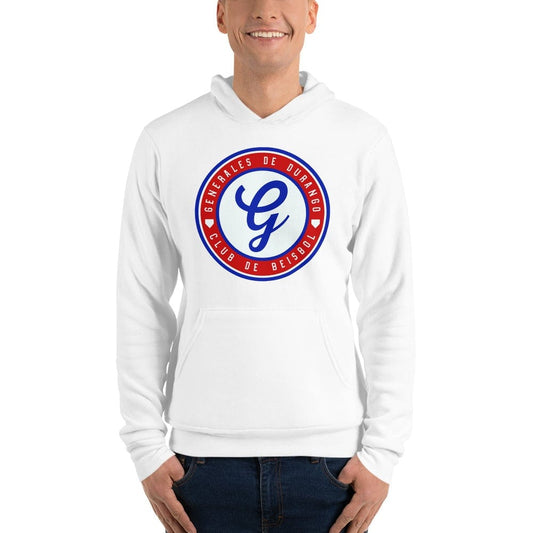 A person wearing a white pullover hoodie with a Generales de Durango logo on the front.