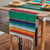 Multicolor striped table runner with fringed ends, green and red-blue bands