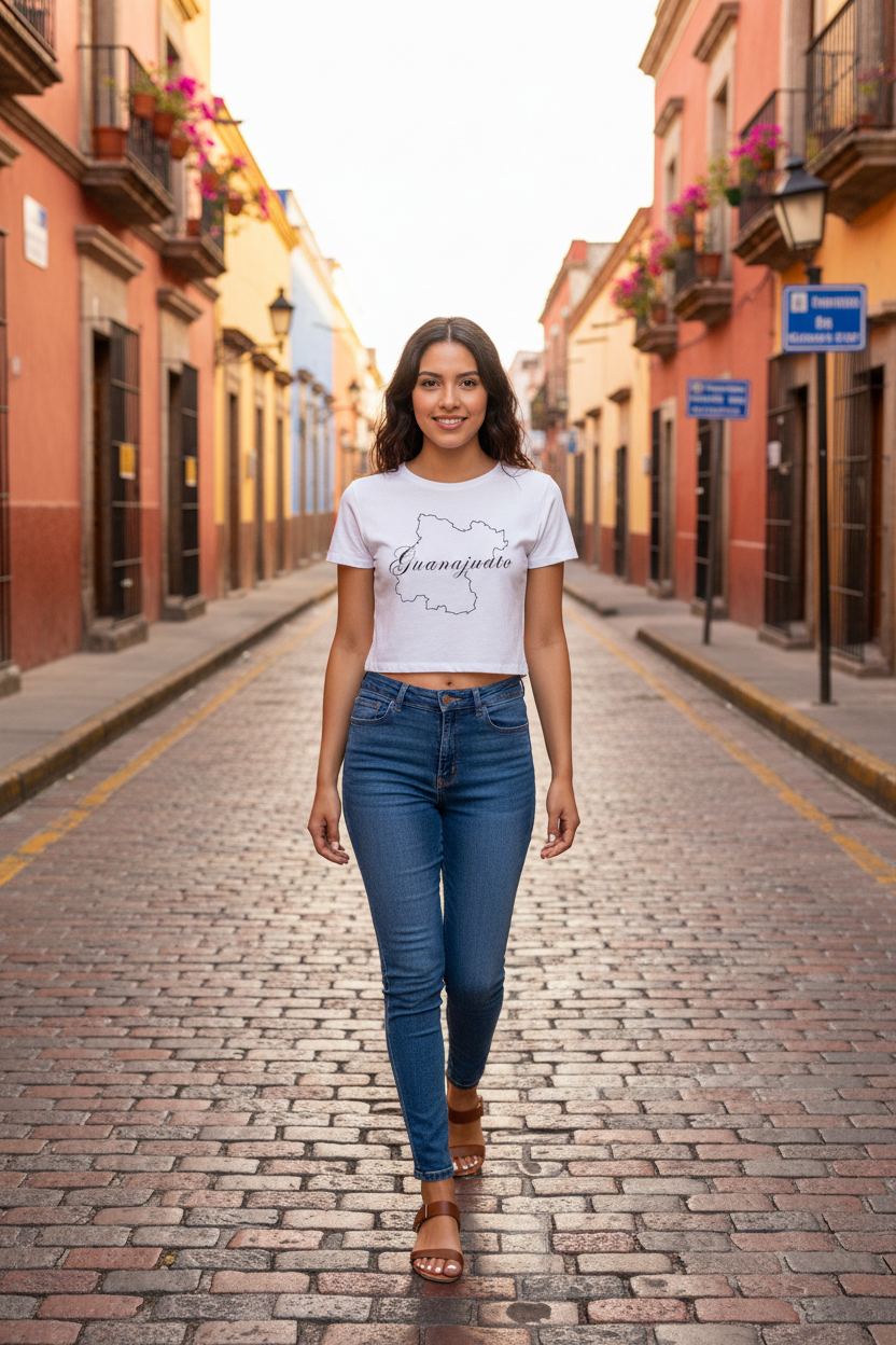 A woman walking down a cobblestone street wearing a white graphic t-shirt with a black outline of Guatemal and the word 'Guatemalteca' across the chest, paired with blue jeans.