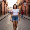 A woman wearing a white crop t-shirt with the word 'Guerrero' printed in black text on the front, paired with blue jeans.