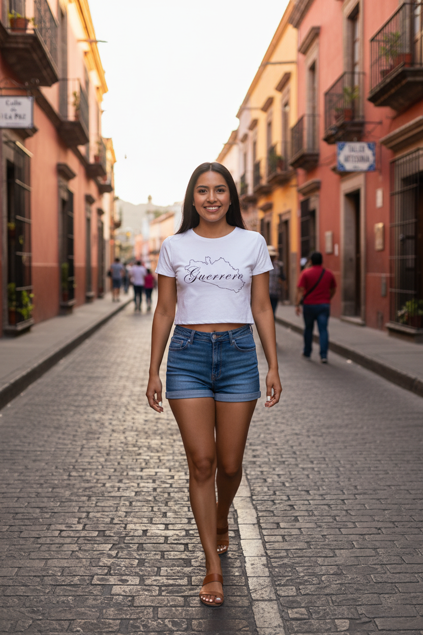 A woman wearing a white crop t-shirt with the word 'Guerrero' printed in black text on the front, paired with blue jeans.