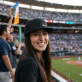 A woman smiling in a baseball stadium, wearing a black Guerreros de Oaxaca baseball cap with a white script logo and a black t-shirt. The stadium stands are filled with spectators in the background.