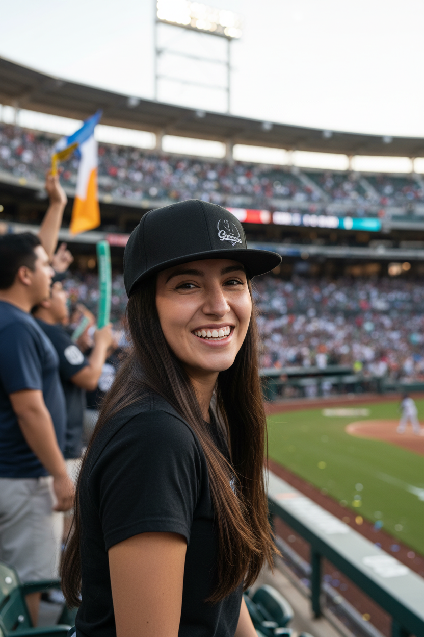 A woman smiling in a baseball stadium, wearing a black Guerreros de Oaxaca baseball cap with a white script logo and a black t-shirt. The stadium stands are filled with spectators in the background.