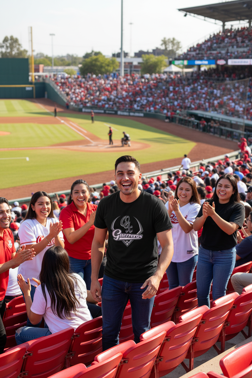 A man in a stadium stands smiling and clapping, wearing a black t-shirt with a white 'Guerreros' logo. In the background, a baseball field is visible with spectators seated in red stadium seats.