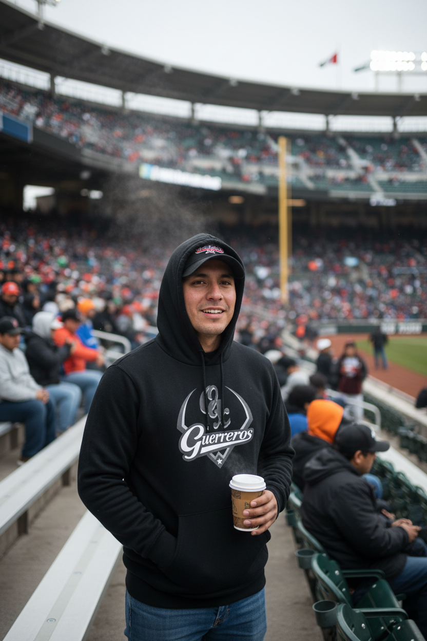 A man wearing a black hoodie with a white 'Guerreros' graphic stands in a crowded baseball stadium, holding a takeaway coffee cup.