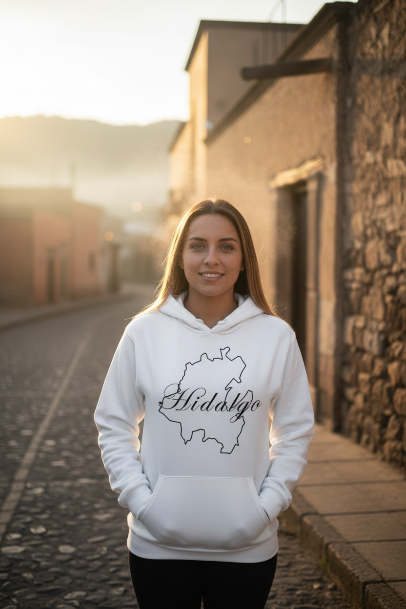 A woman stands on a cobblestone street wearing a white hoodie with a black outline map graphic and the word 'Hidalgo' printed across the chest. The background shows warm, sunlit buildings and a softly blurred outdoor setting.
