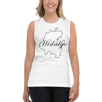 A woman wearing a white muscle tank top with the text 'Hidalgo' printed on the front.