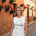 A woman wearing a white muscle tank top with the text 'Hidalgo' printed on the front.