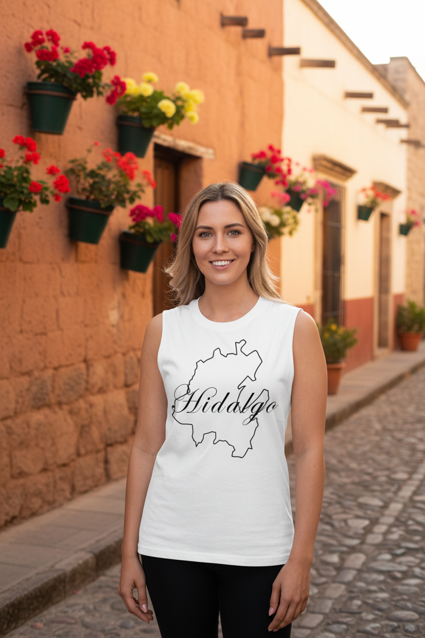 A woman wearing a white muscle tank top with the text 'Hidalgo' printed on the front.