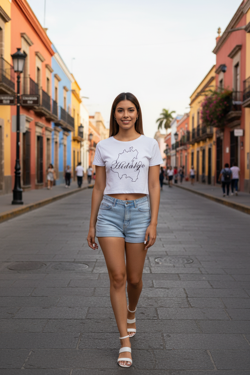 A woman wearing a white crop t-shirt with the text 'Hidalgo' printed in black on the front, paired with blue jeans.