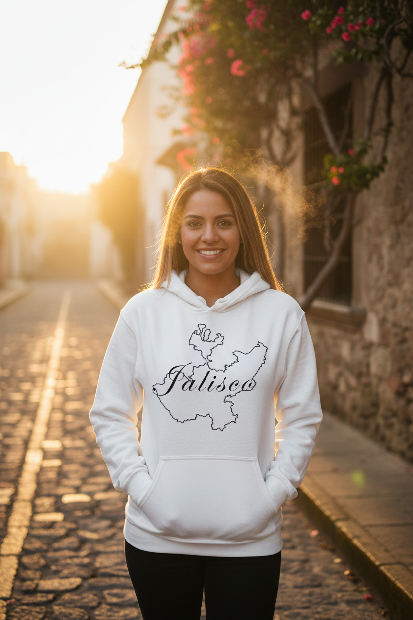 A smiling woman stands on a sunlit cobblestone street wearing a white pullover hoodie with a black outline map graphic and the word 'Jalisco' across the chest, paired with black pants.