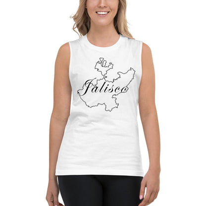 A woman wearing a white muscle tank top with the text 'Jalisco' and a state outline design in black.