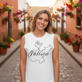 A woman wearing a white muscle tank top with the text 'Jalisco' and a state outline design in black.