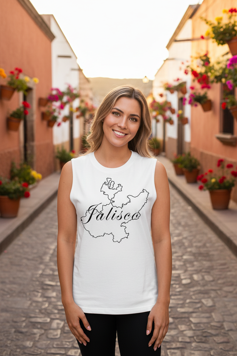 A woman wearing a white muscle tank top with the text 'Jalisco' and a state outline design in black.