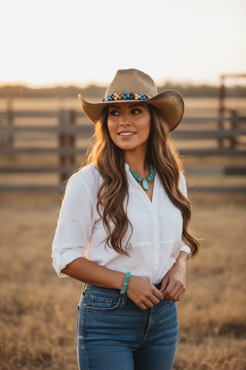 A woman standing in a dry field at sunset wearing a tan cowboy hat with a turquoise and black patterned band, a white blouse, and blue jeans. She is also wearing a turquoise necklace and bracelet.