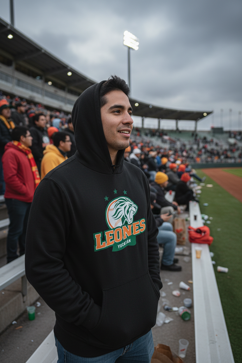 A man wearing a black hoodie with a 'LEONES' graphic stands in a stadium crowd, with bleachers, other spectators, and a field visible in the background.