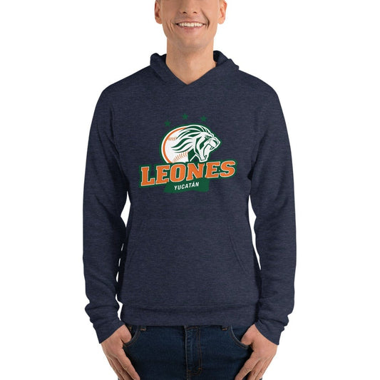 A person wearing a navy unisex pullover hoodie with 'LEONES YUCATAN' logo in green and orange.