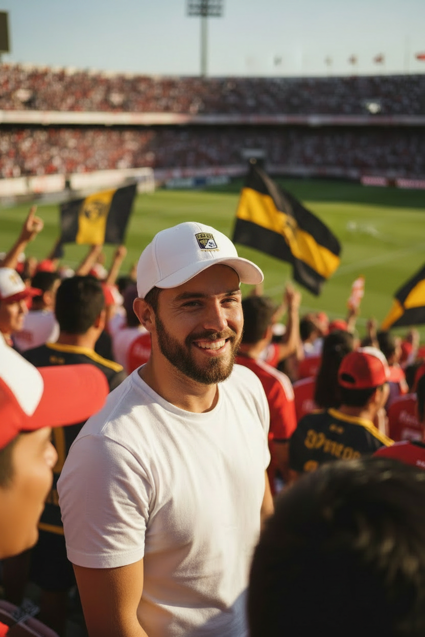 A smiling man in a white t-shirt and white Leones Negros baseball cap stands in a crowded stadium crowd, with fans and flags visible in the background.