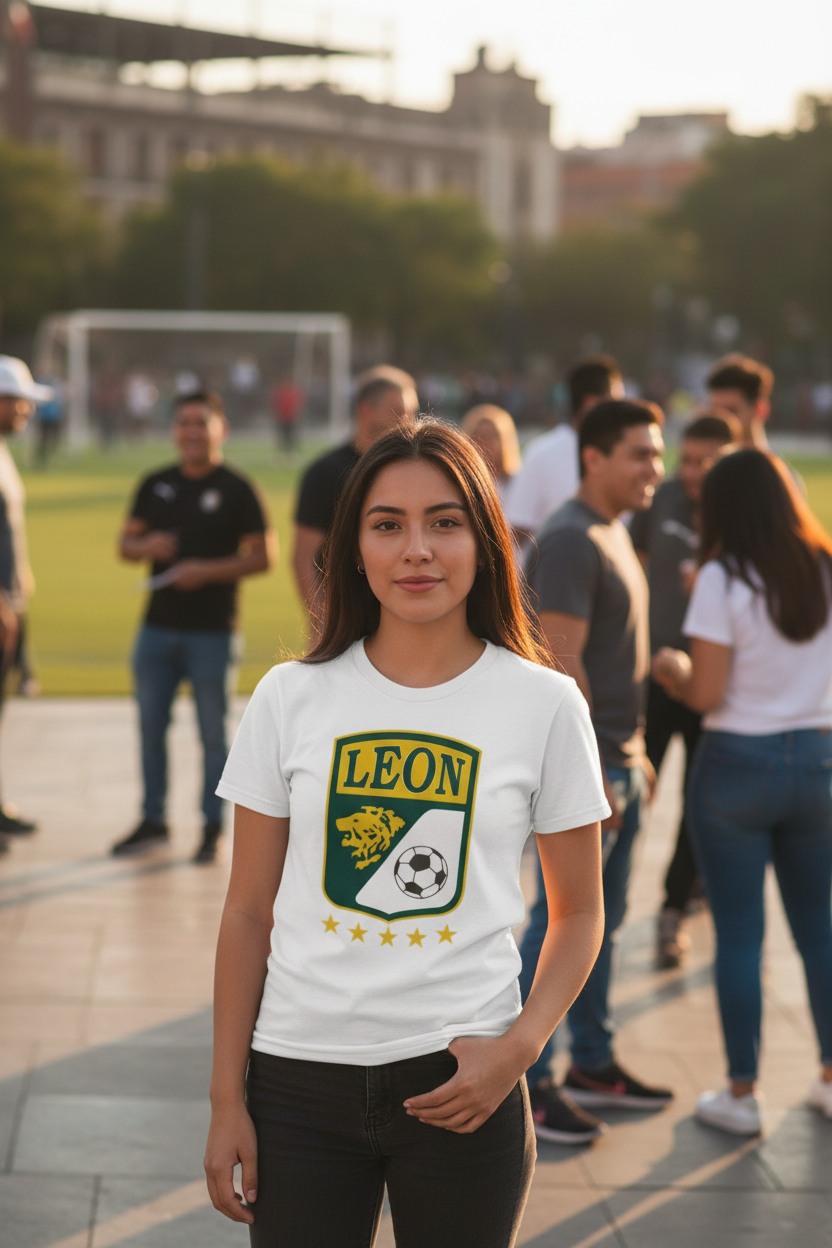 A woman standing outdoors in a sunny park-like setting wearing a white graphic t-shirt with a green and yellow 'LEON' soccer crest on the front, paired with black pants. The background shows a blurred crowd and sports field.
