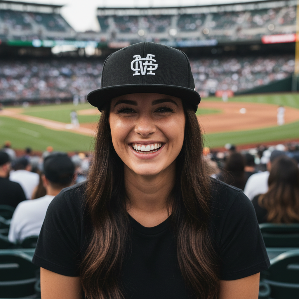 A smiling woman in a baseball stadium wearing a black cap with a white stylized logo and a black t-shirt, with the field and crowd blurred in the background.