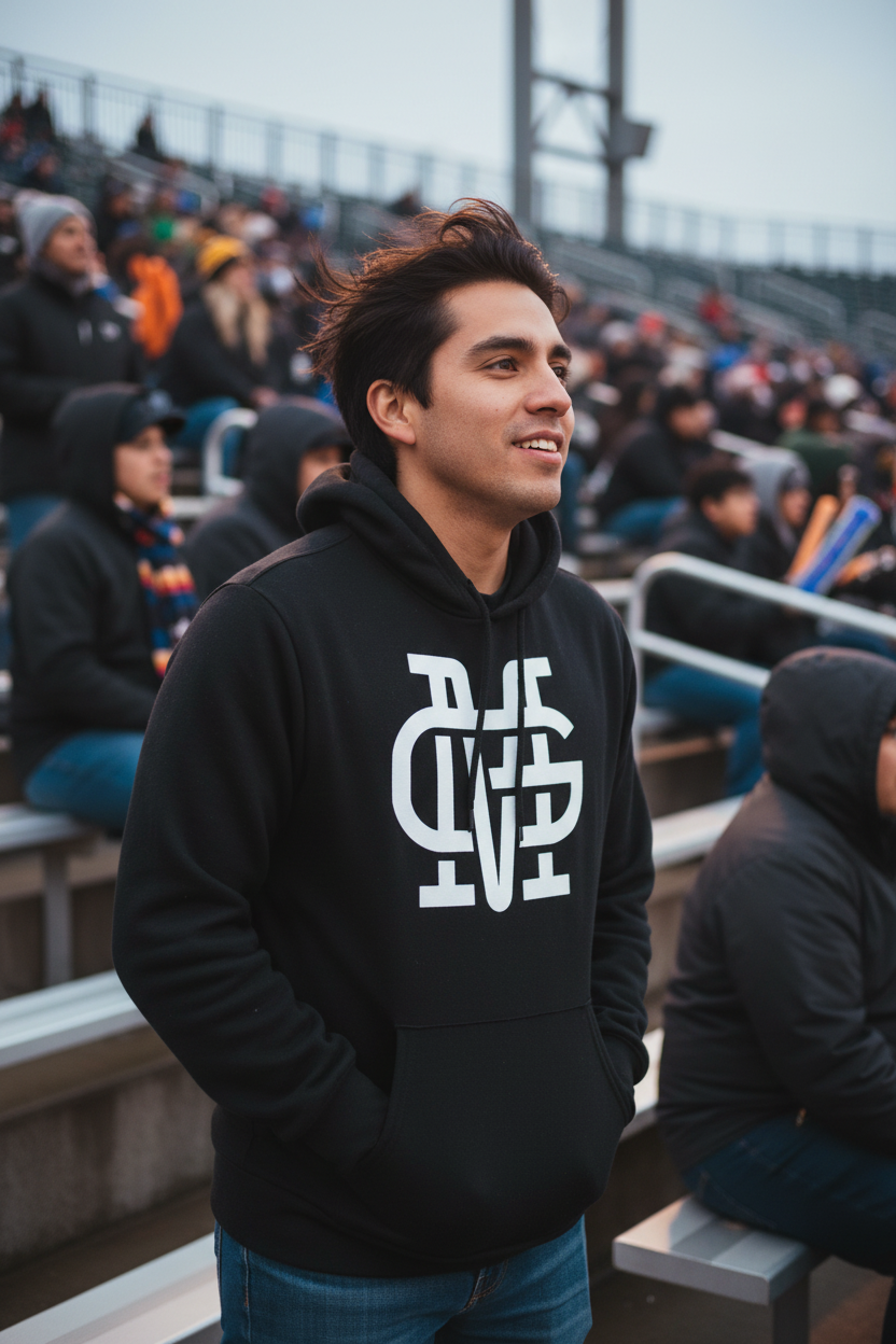 A man wearing a black hoodie with a large white stylized 'Guadalajara Unisexy Pullover Mariachis de Guadalajara' logo on the front, standing in stadium bleachers.
