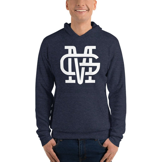 A person wearing a navy pullover hoodie with 'Mariachis de Guadalajara' text in white on the front.