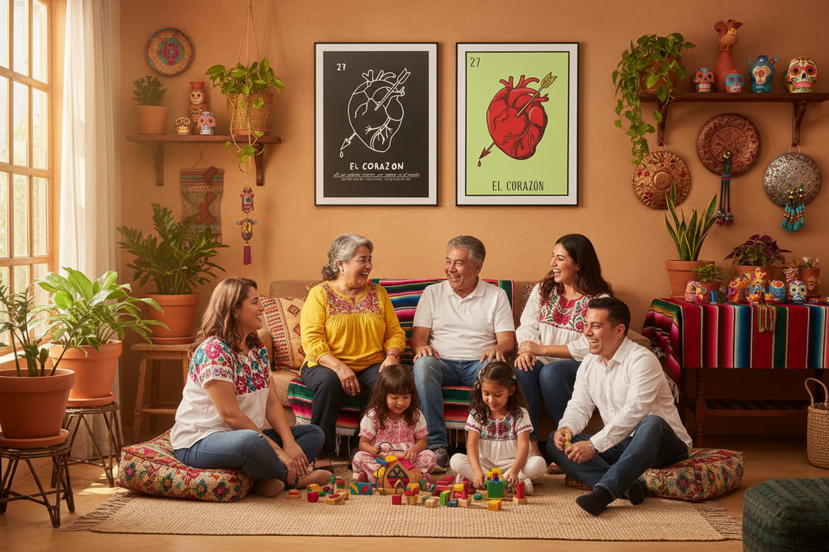 A family of six sits together on a woven rug in a warmly decorated room, surrounded by plants, shelves, and colorful toys. Two framed wall art prints hang above them, one black with a white anatomical heart illustration and one light green with a red anatomical heart illustration.