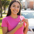 A smiling young woman in a bright pink t-shirt stands outdoors holding a small Mexican flag pin against her chest, with a white car and green trees blurred in the background.