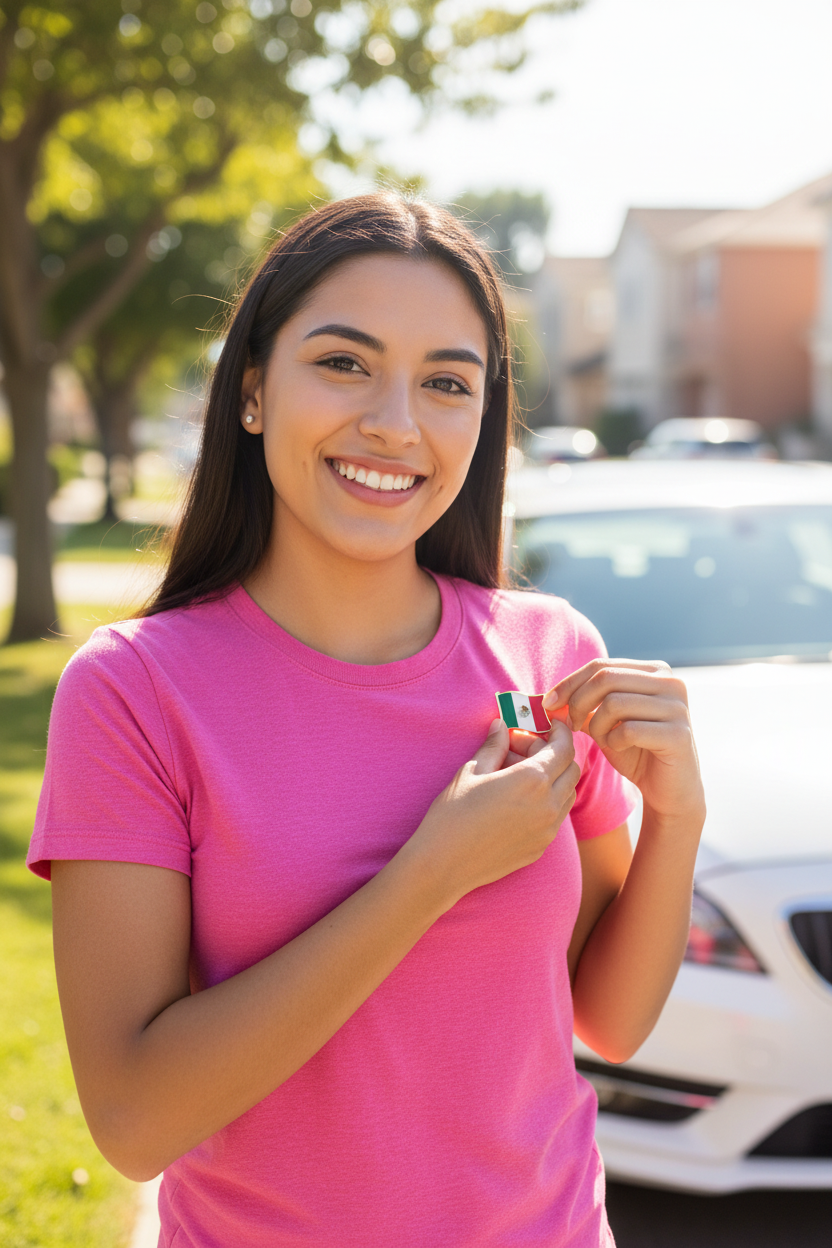 A smiling young woman in a bright pink t-shirt stands outdoors holding a small Mexican flag pin against her chest, with a white car and green trees blurred in the background.