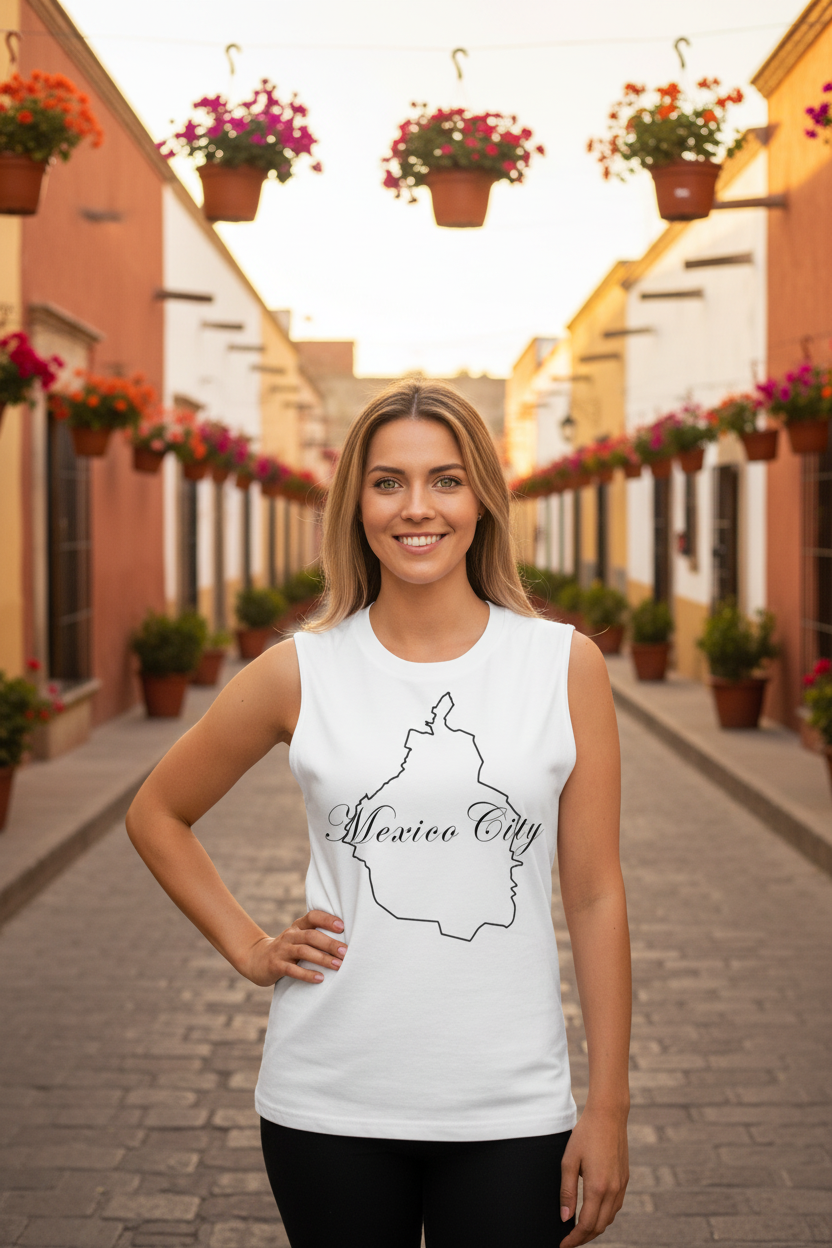 A person wearing a white unisex muscle shirt with 'Mexico City' text and a silhouette of the city's outline in black.