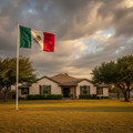 A Mexican flag on a tall white pole waving in the foreground, with a suburban house, trees, and a dramatic cloudy sky behind it.
