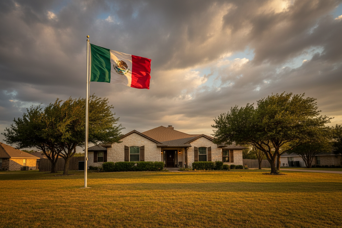A Mexican flag on a tall white pole waving in the foreground, with a suburban house, trees, and a dramatic cloudy sky behind it.