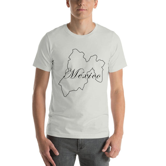 Unisex short-sleeve T-shirt in silver with Mexico outline graphic on chest