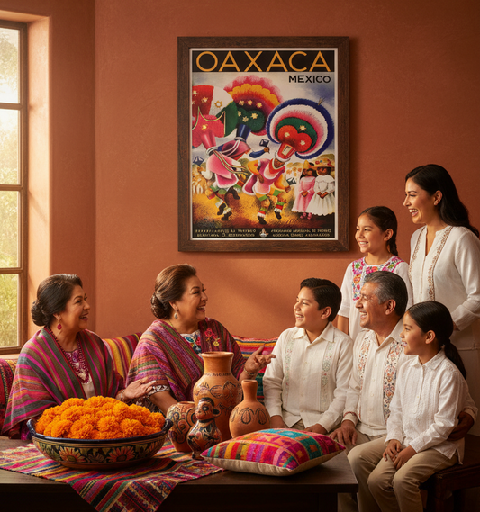 A framed 'Oaxaca, Mexico' art print hangs on a terracotta-colored wall in a warmly lit living room. A family of six is gathered around a table decorated with orange marigolds and traditional textiles, smiling and engaging in conversation.