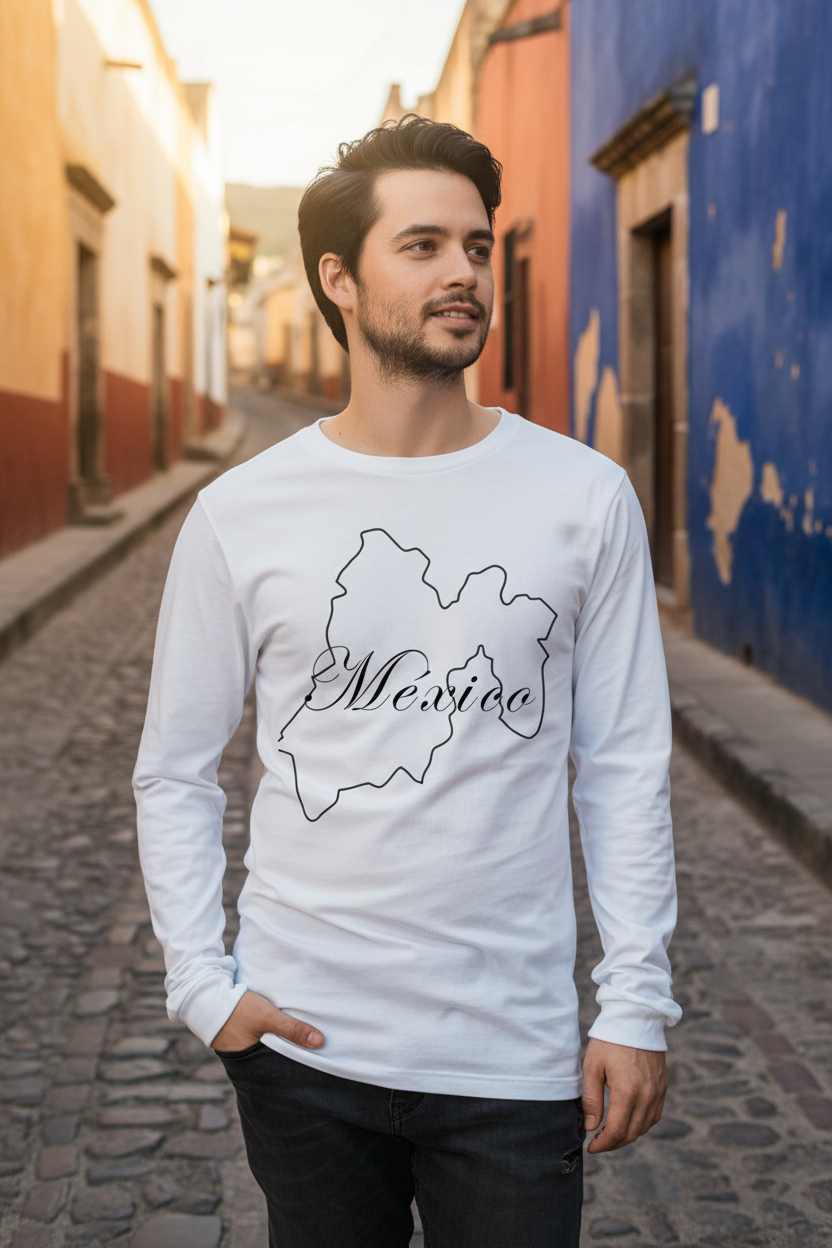 A person wearing a white long sleeve t-shirt with 'Mexico' text in a stylized font inside a outline of the Mexico country shape.