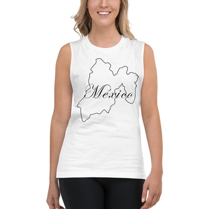A person wearing a white muscle tank top with the text 'Mexico' printed on the front in a stylized font.