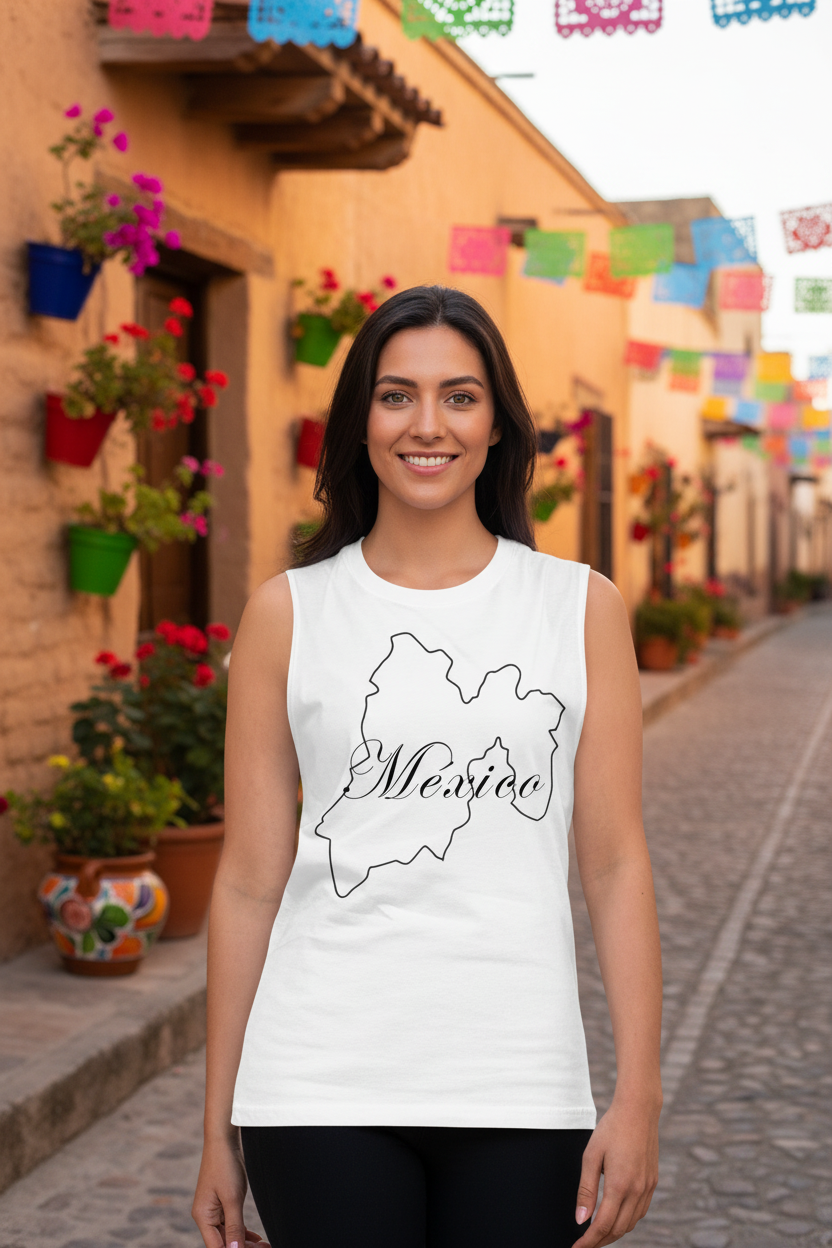 A woman stands on a cobblestone street wearing a white sleeveless tank top with a black outline map of Mexico and the word 'México' printed across the chest. Colorful papel picado banners and potted flowers decorate the background street scene.