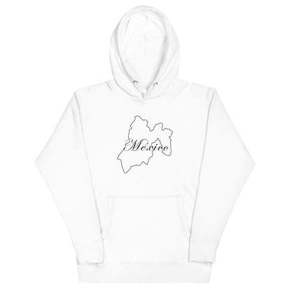A white hoodie with the word 'México' printed in black lettering on the front, featuring a hood and a front pouch pocket.