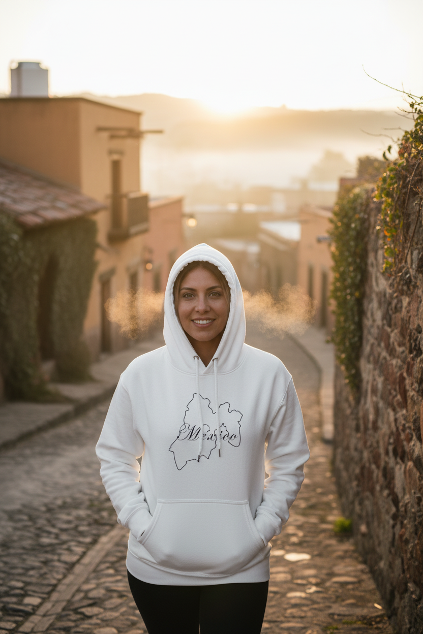 A white hoodie with the word 'México' printed in black lettering on the front, featuring a hood and a front pouch pocket.