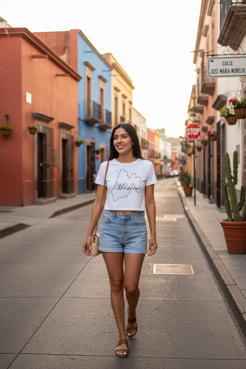 A woman wearing a white crop t-shirt with a map outline of Mexico on it.