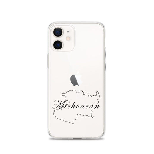 Clear iPhone case with Michoacan map graphic and raised camera rim